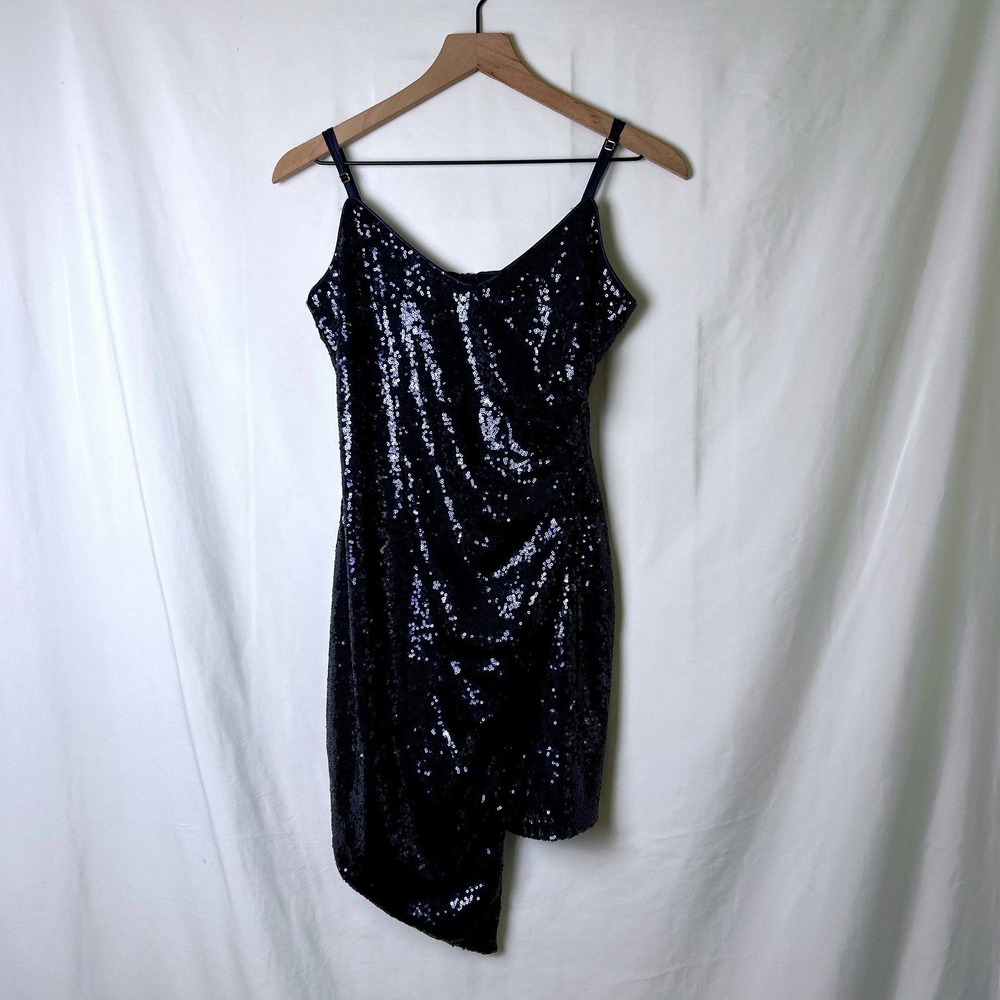 Lulus Womens Sequin Asymmetrical Tulip Hem Cocktail Mini Dress Size S Navy Blue